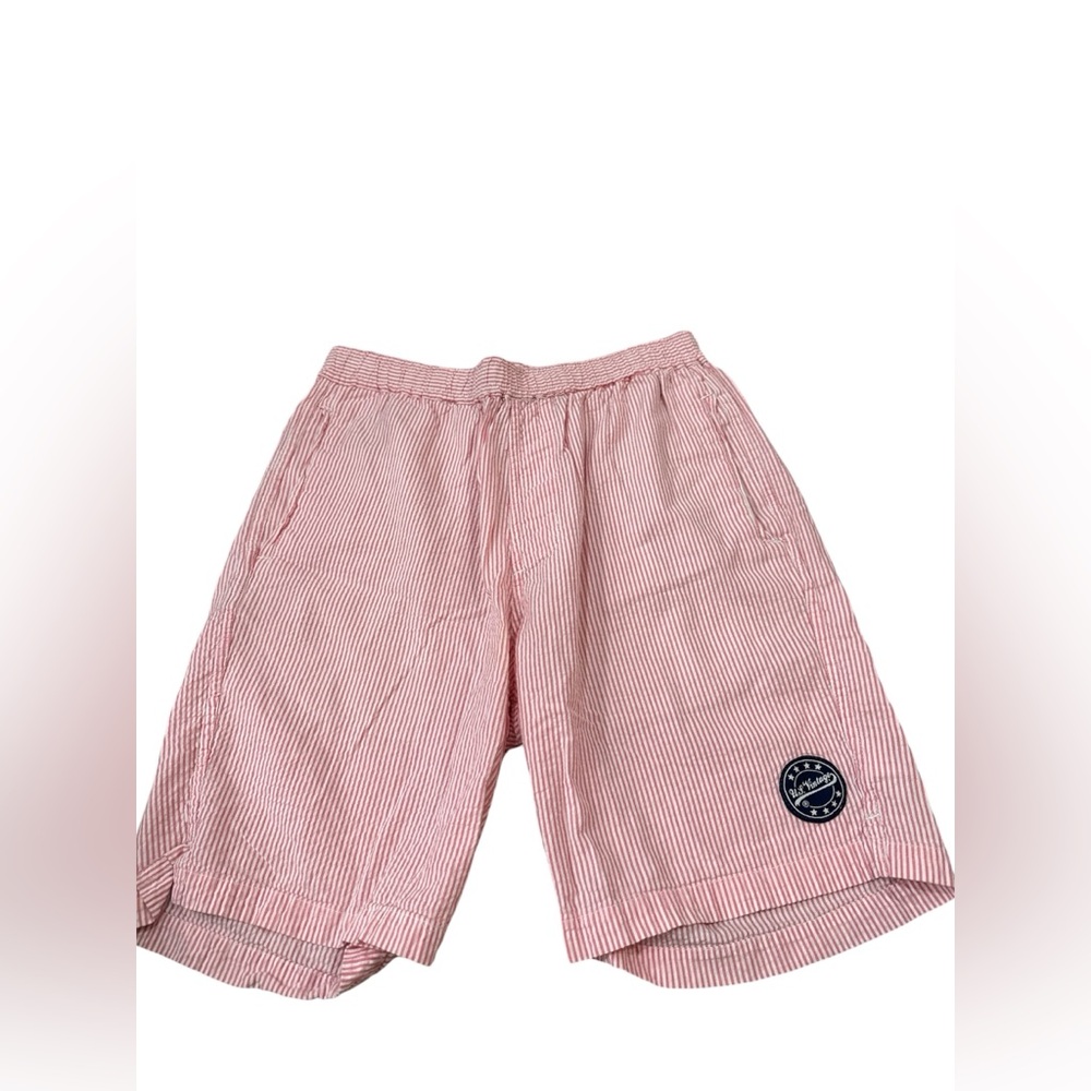 US Vintage by Exist Men's Shorts Flat Front Small Pink White Stripe Seersucker‎